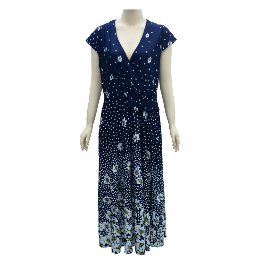 Short Sleeve Maxi Dress Navy/Yellow Flower Printed